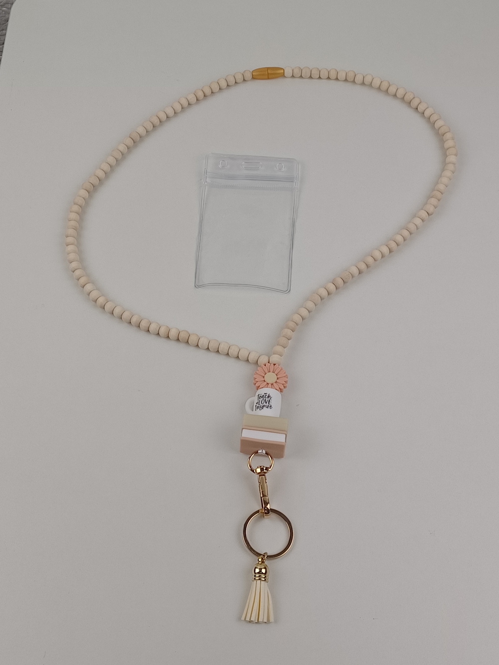 Wooden Cream and Pink Beaded Flowers Lanyard Key & Card Holder with Tassel